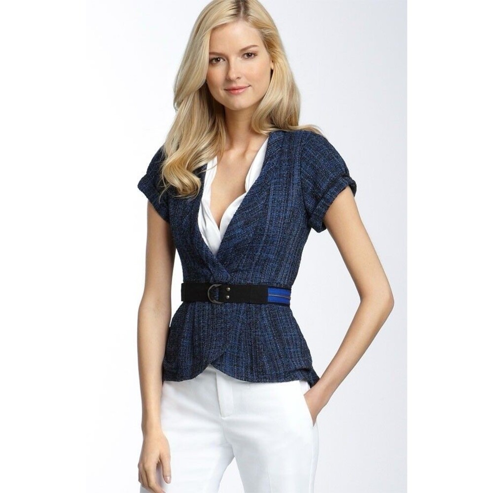 Nanette Lepore Women’s Sz 2 Blue Tweed Belted Asymmetrical Blazer Twee Academia